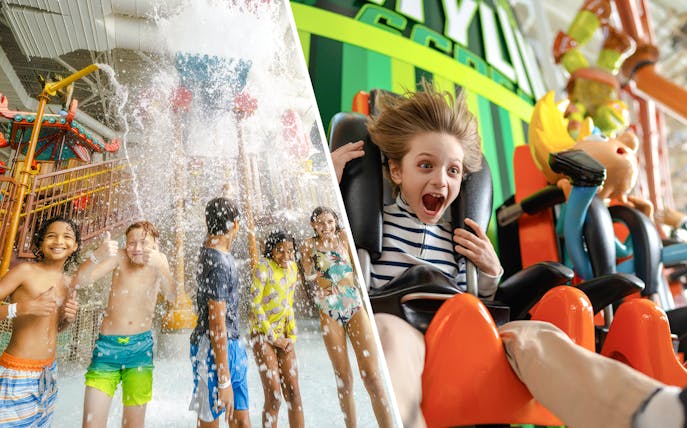 Children enjoying water park attractions and a thrilling ride at DreamWorks Water Park, New Jersey.
