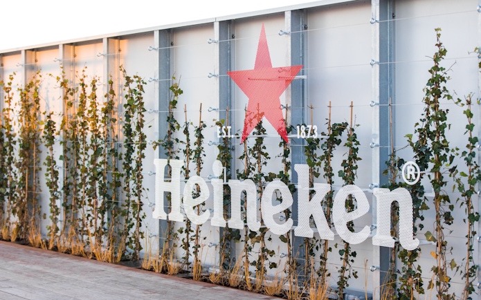 Heineken logo on rooftop with ivy-covered wall, Amsterdam experience.