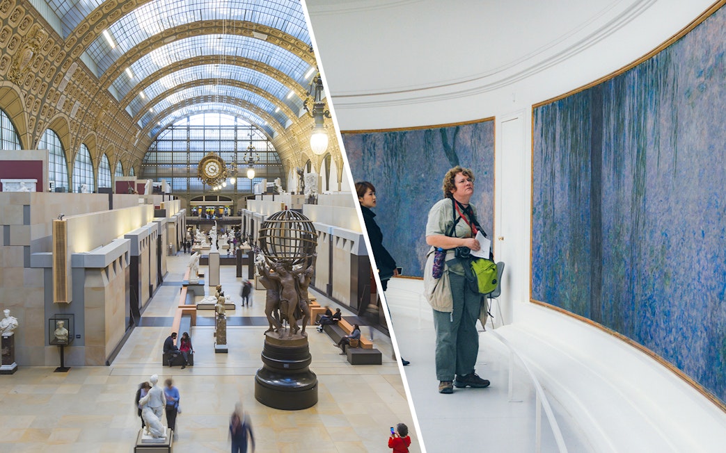 Orsay Museum interior with sculptures and Orangerie Museum visitor viewing Monet's Water Lilies.
