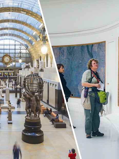 Orsay Museum interior with sculptures and Orangerie Museum visitor viewing Monet's Water Lilies.