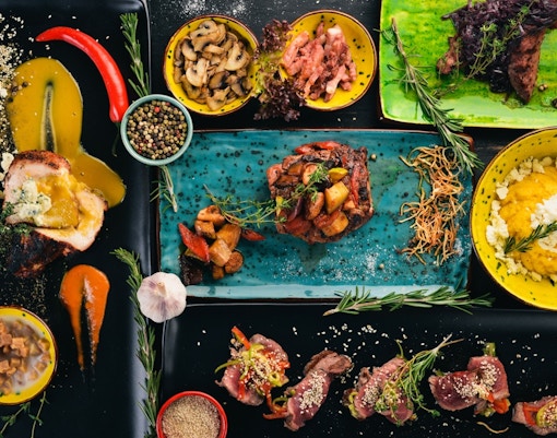 Greek fine food platter with olives, cheese, and bread in Athens, Greece.