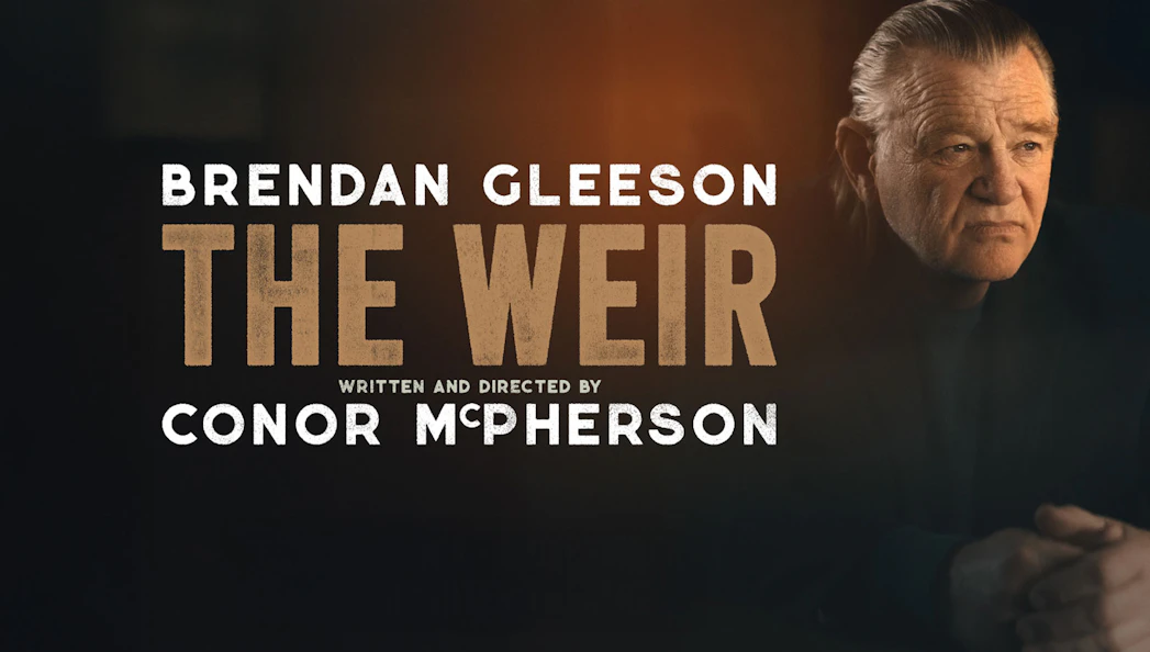 The Weir" play poster with text and a person seated, London tickets available.