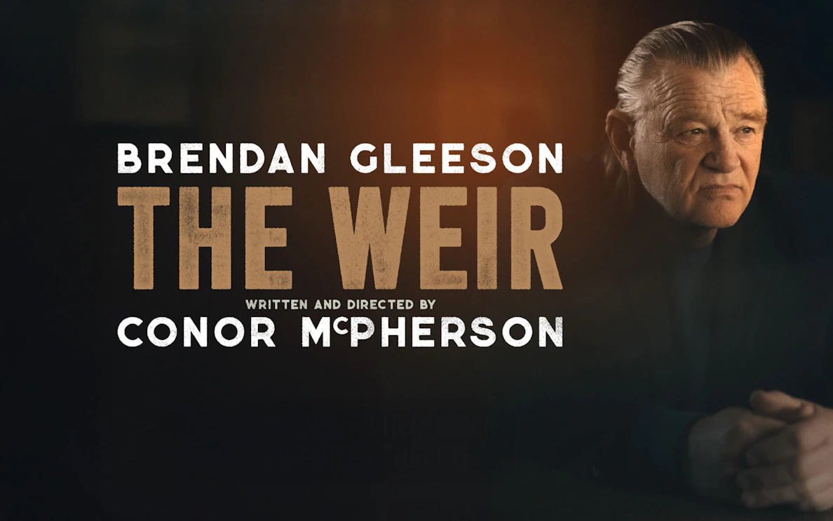 The Weir" play poster with text and a person seated, London tickets available.