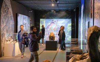 Interior exhibits of Immersive Dinosaur Exhibition at Dino Experience Porto with visitors exploring displays.