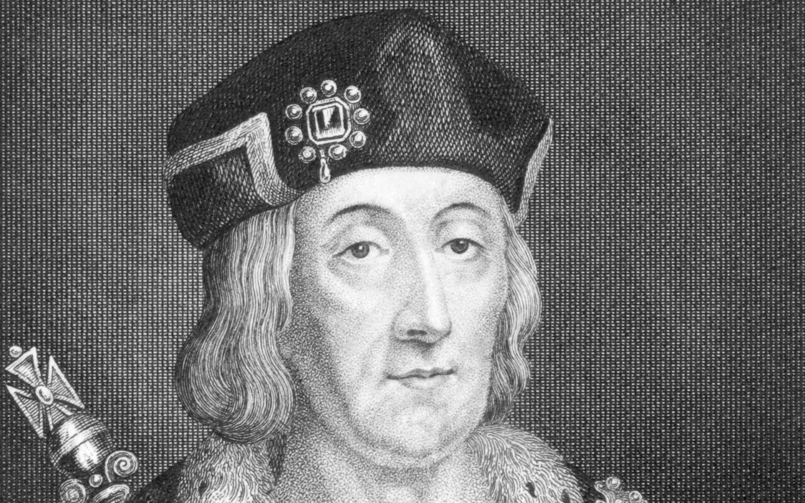 Engraving of Henry VII wearing a decorated hat and fur-trimmed robe.