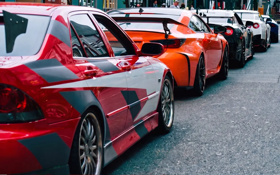 Sports cars lined up at Tokyo's Daikoku PA Fast & Furious 3 meet.