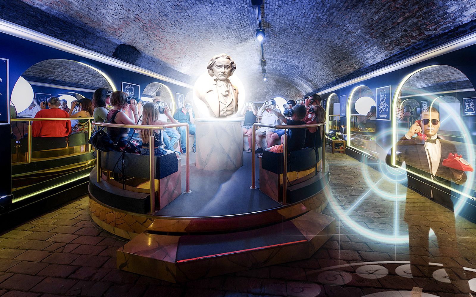 Visitors using VR headsets in Time Travel Vienna's history installation with a central statue.