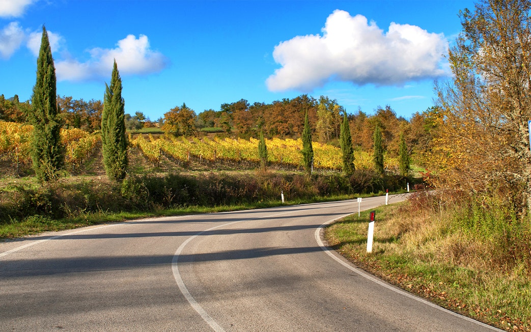 Winding road through vineyards on Via Chiantigiana, Tuscany.