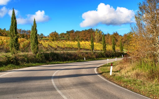 Winding road through vineyards on Via Chiantigiana, Tuscany.