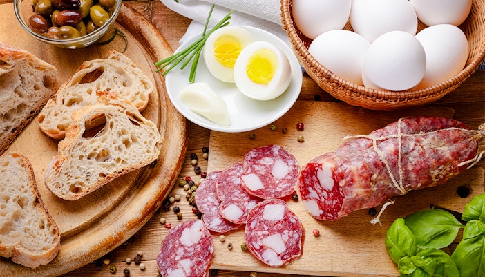 Eggs and coral salami