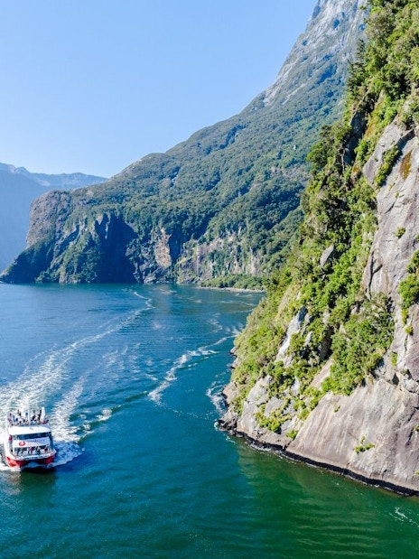 Cruise boat navigating Milford Sound with lush cliffs and clear water.