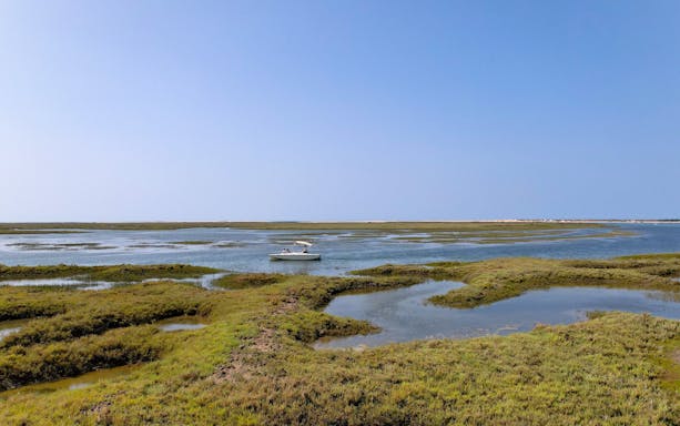 Eco boat navigating Ria Formosa wetlands on Algarve tour from Faro.