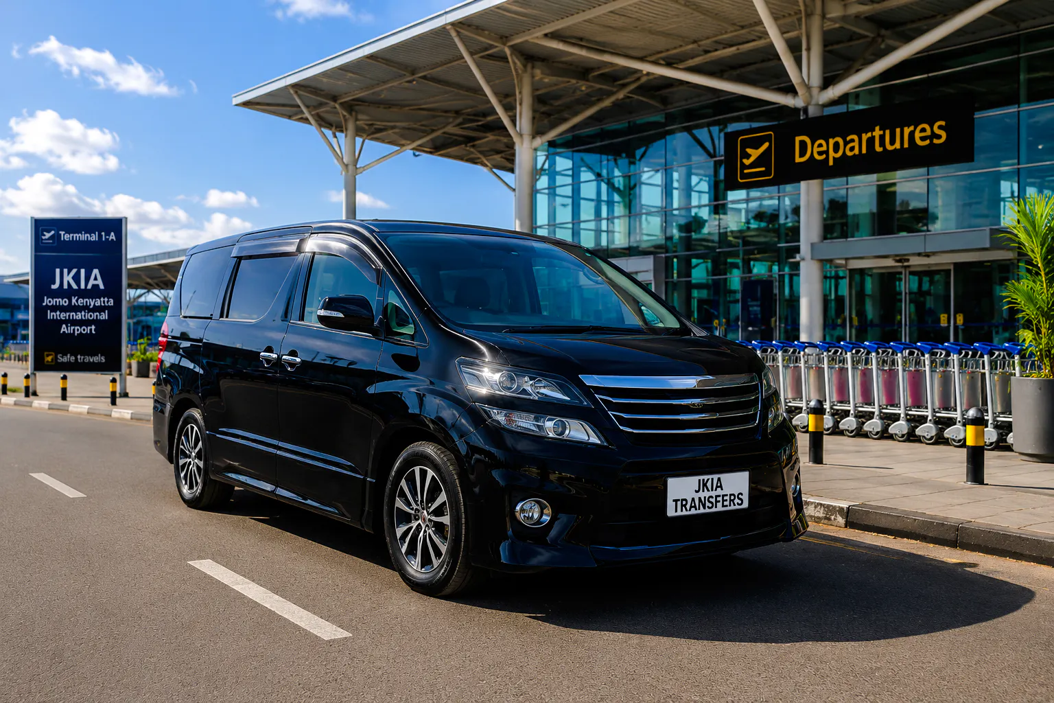 Transfer vehicle at Jomo Kenyatta International Airport, Nairobi, for Nairobi National Park game drive.