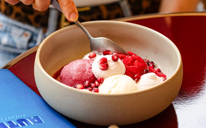 Sorbet and ice cream with pomegranate seeds at Brasserie Auteuil.
