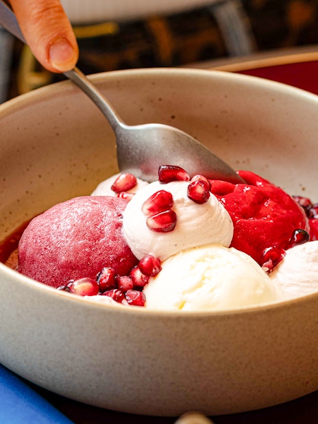 Sorbet and ice cream with pomegranate seeds at Brasserie Auteuil.