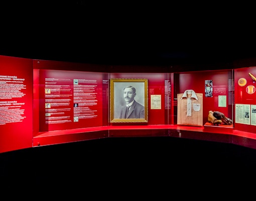 Benfica Stadium museum Cosme Damiao exhibit with historical football memorabilia in Lisbon, Portugal.