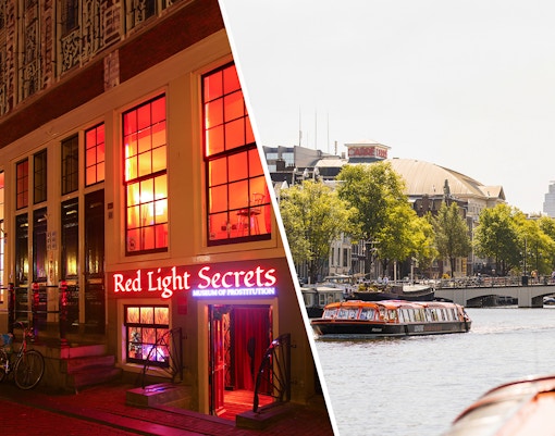 Red Light Secrets Museum entrance and canal cruise boat in Amsterdam.