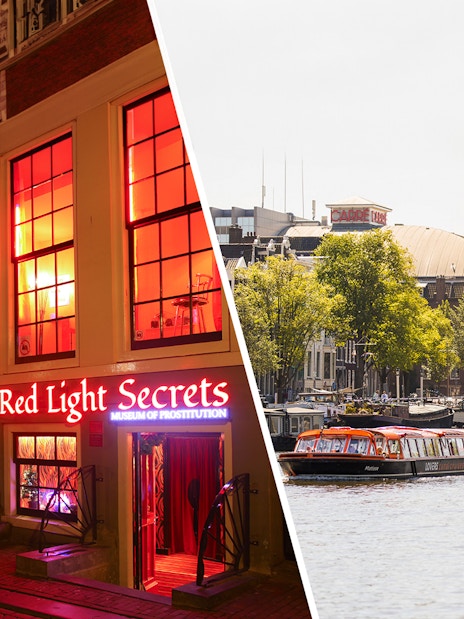 Red Light Secrets Museum entrance and canal cruise boat in Amsterdam.