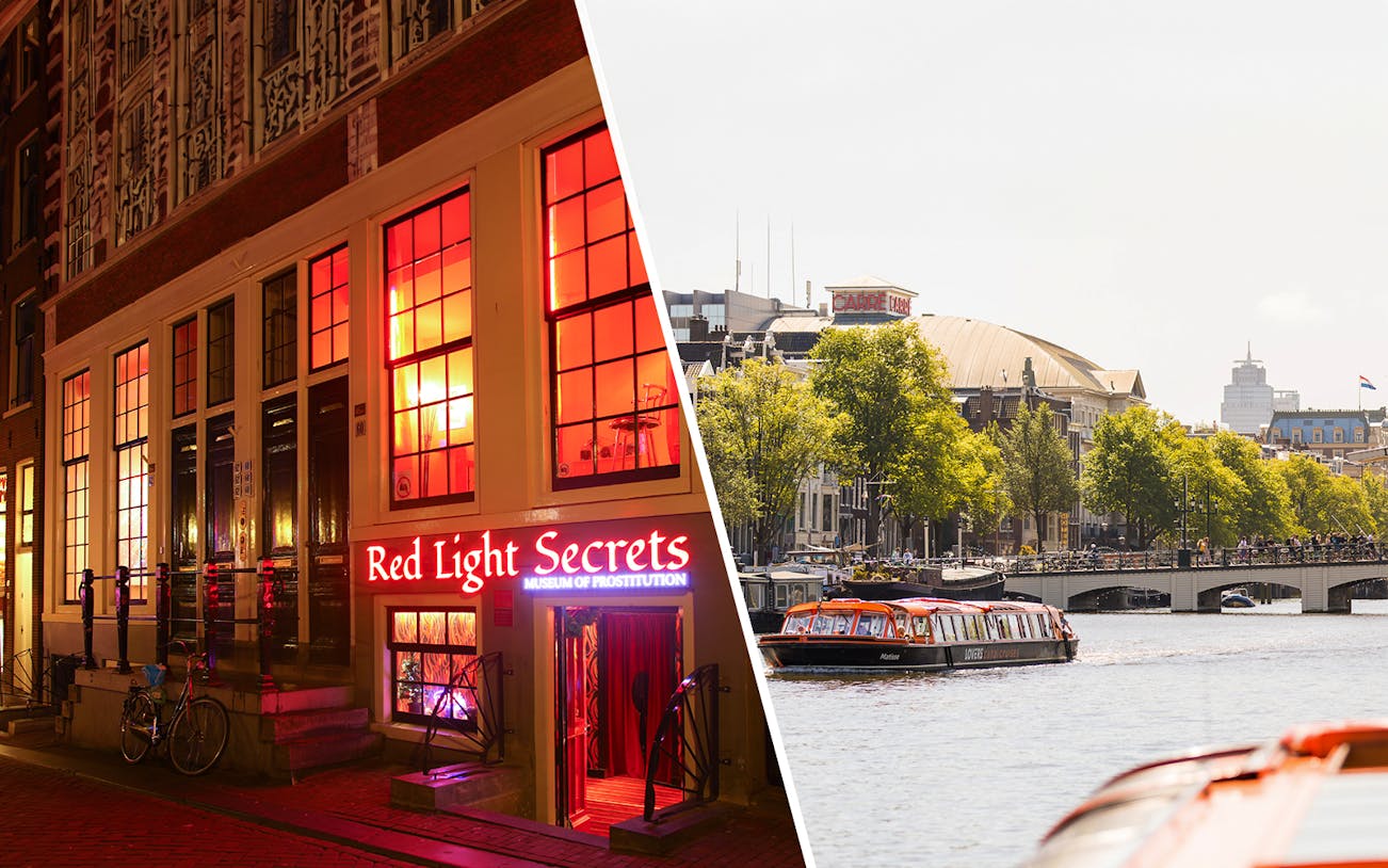 Red Light Secrets Museum entrance and canal cruise boat in Amsterdam.