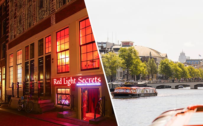 Red Light Secrets Museum entrance and canal cruise boat in Amsterdam.
