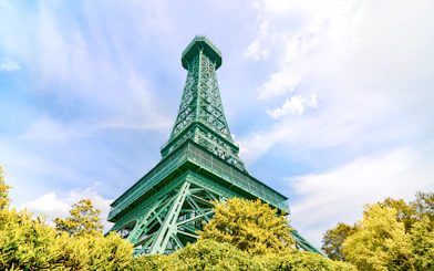 Replica Eiffel Tower at Six Flags King's Dominion surrounded by trees.