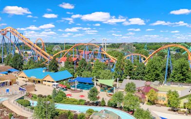 Roller coasters and attractions at Dorney Park, surrounded by lush greenery under a blue sky.