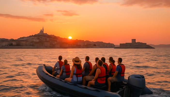 Group on a boat watching sunset near Marseille with Notre-Dame de la Garde in view.