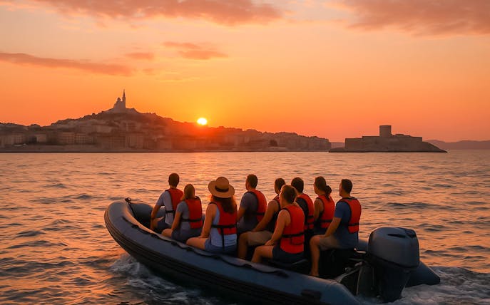Group on a boat watching sunset near Marseille with Notre-Dame de la Garde in view.