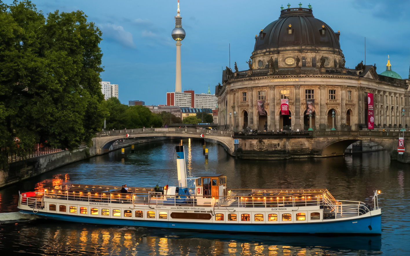 Evening cruise boat passing Bode Museum on Museum Island, Berlin, with TV Tower in background.