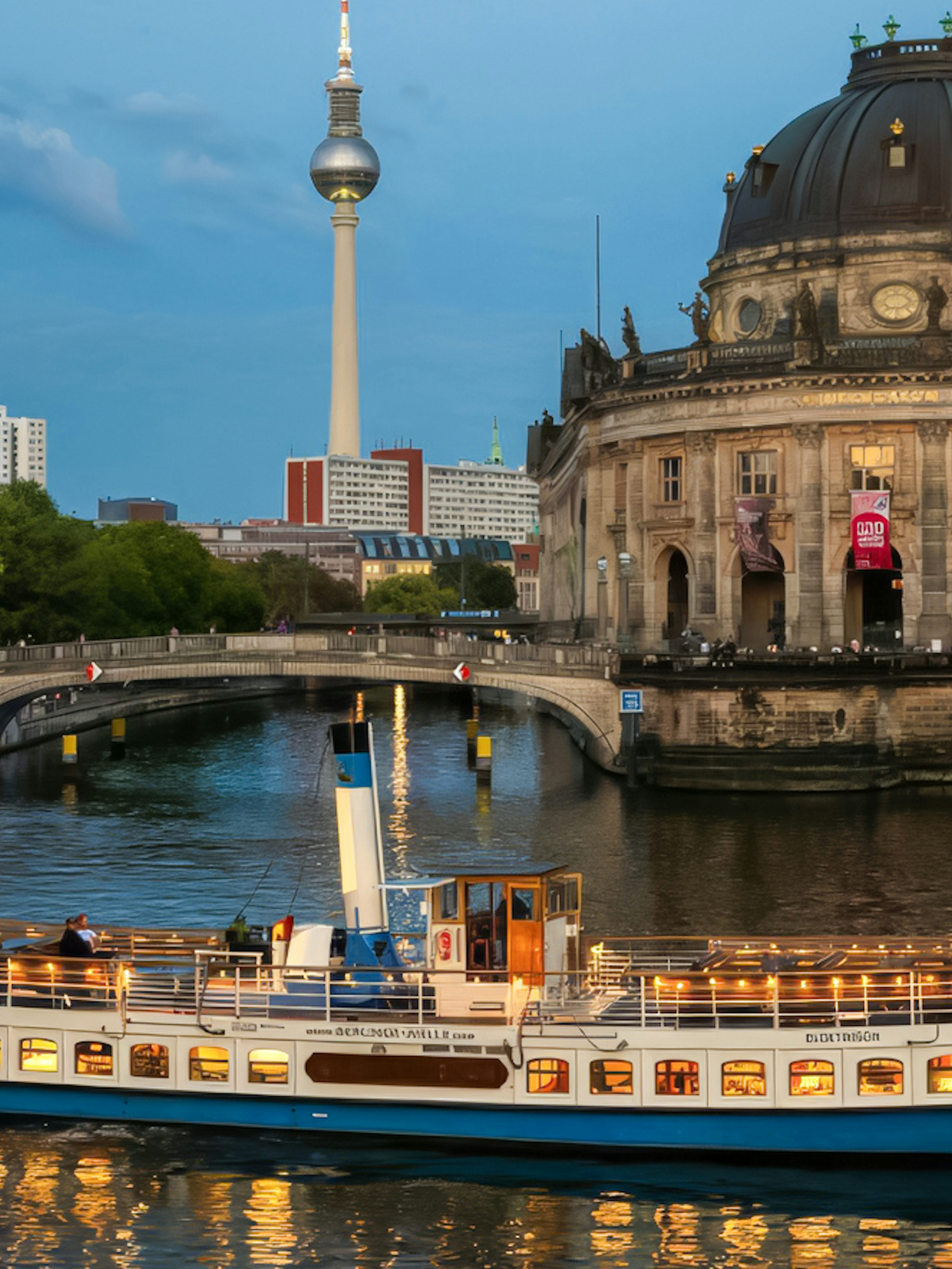 Evening cruise boat passing Bode Museum on Museum Island, Berlin, with TV Tower in background.