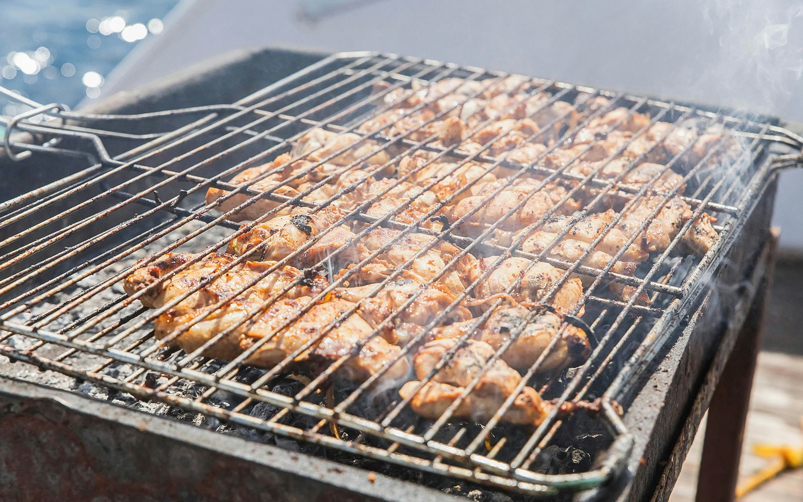 Barbeque chicken grilling on deck during Great Barrier Reef cruise with ocean view.
