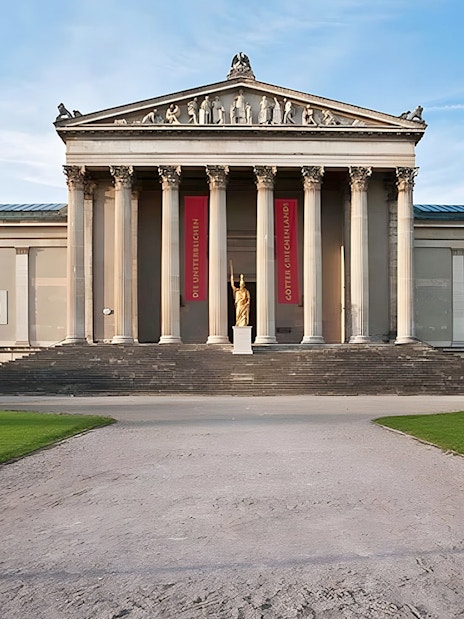 Staatliche Antikensammlungen Museum facade with columns and statues, Munich, Germany.