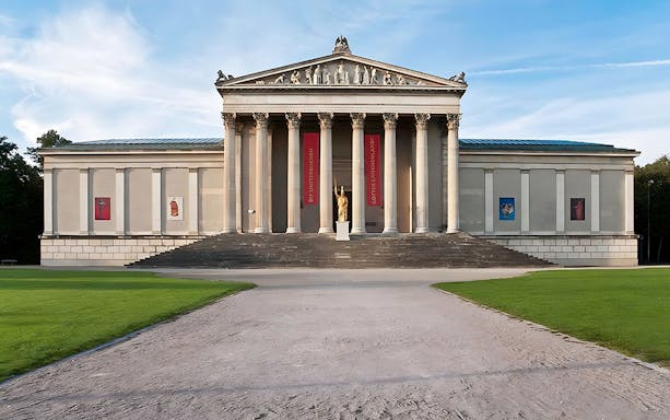 Staatliche Antikensammlungen Museum facade with columns and statues, Munich, Germany.