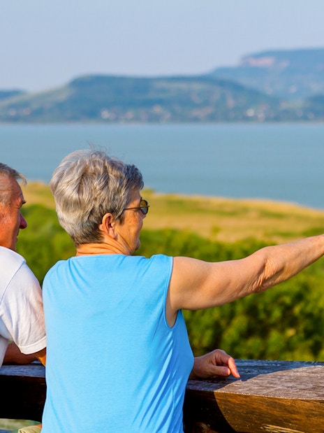 Guests admiring Lake Balaton from a scenic viewpoint.