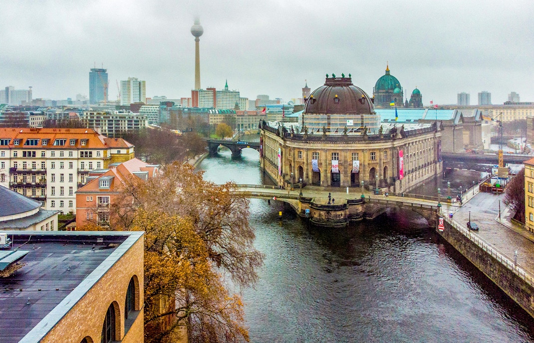 Aerial view of Bode-Museum, Spree River, and Fernsehturm in Berlin, Germany.