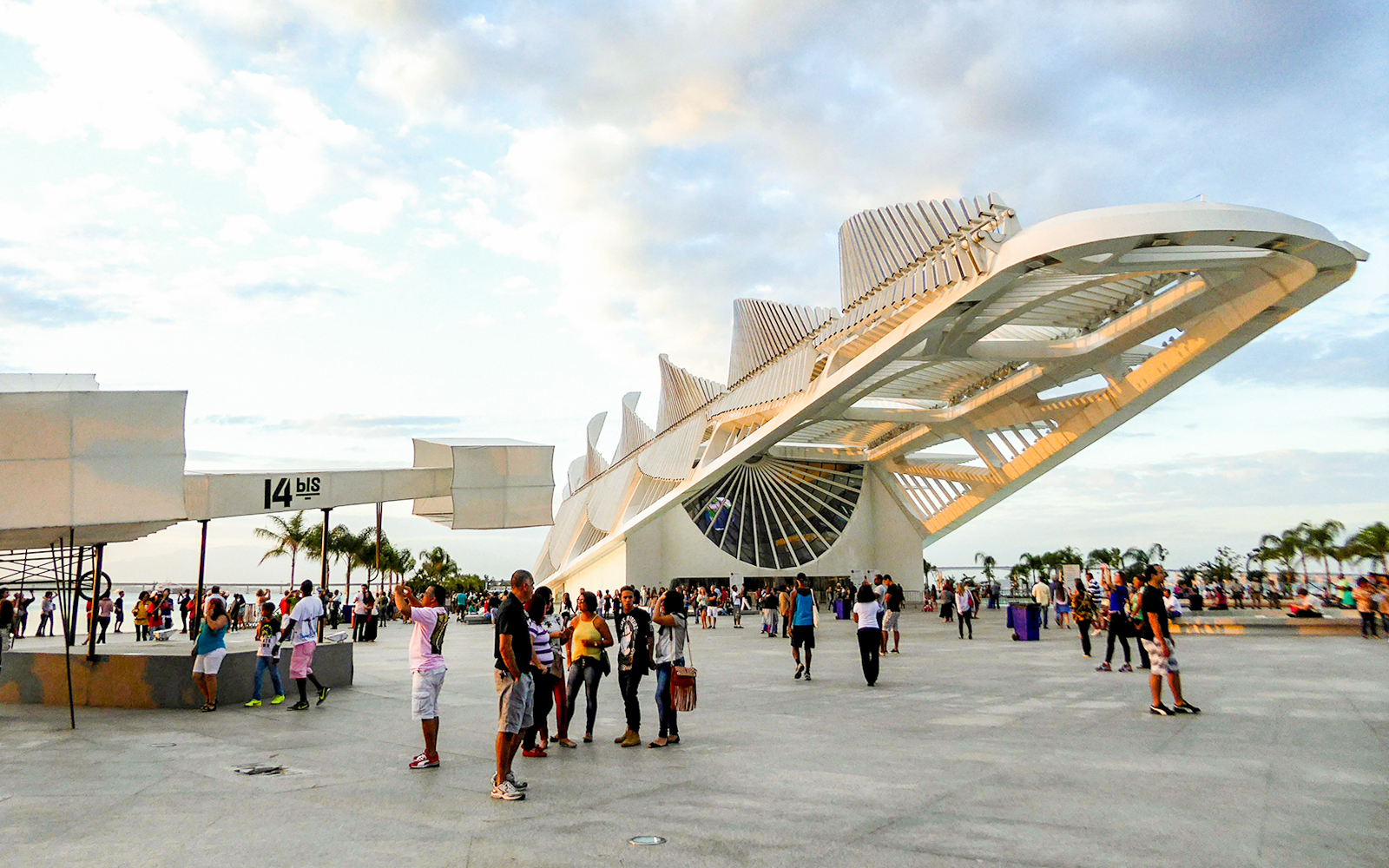 Museum of Tomorrow with Santos Dumont's 14 Bis replica in Rio de Janeiro, Brazil.