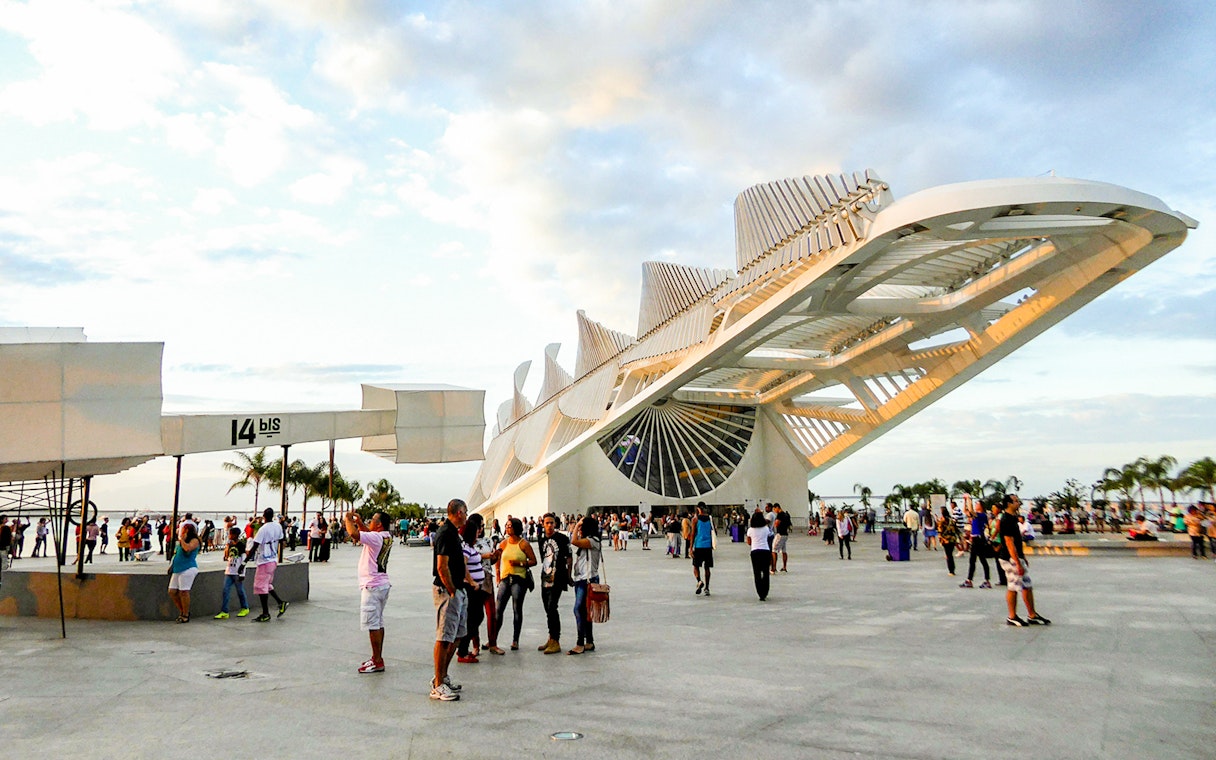 Museum of Tomorrow with Santos Dumont's 14 Bis replica in Rio de Janeiro, Brazil.