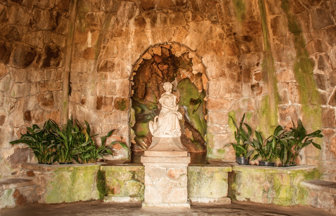 Leda's Grotto with intricate stone carvings at Quinta da Regaleira, Sintra, Portugal.