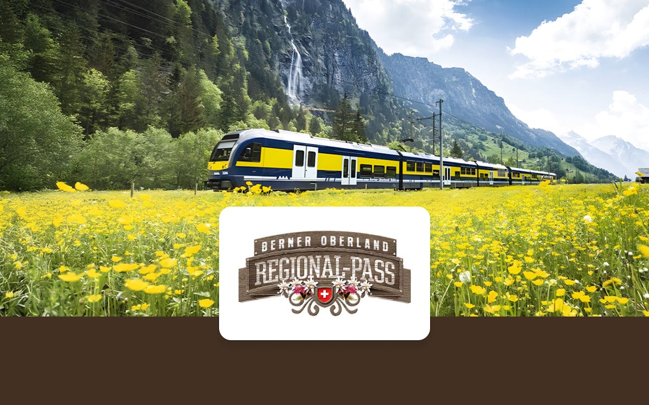Train traveling through Berner Oberland with mountains and yellow flowers in the background.