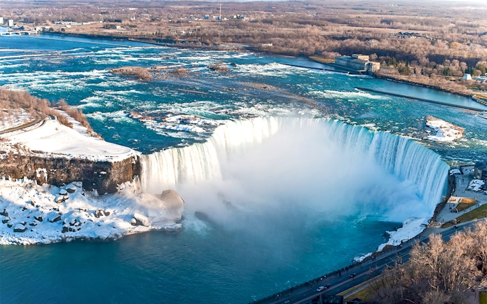 Aerial view of American and Bridal Veil Falls in winter, Niagara Falls.