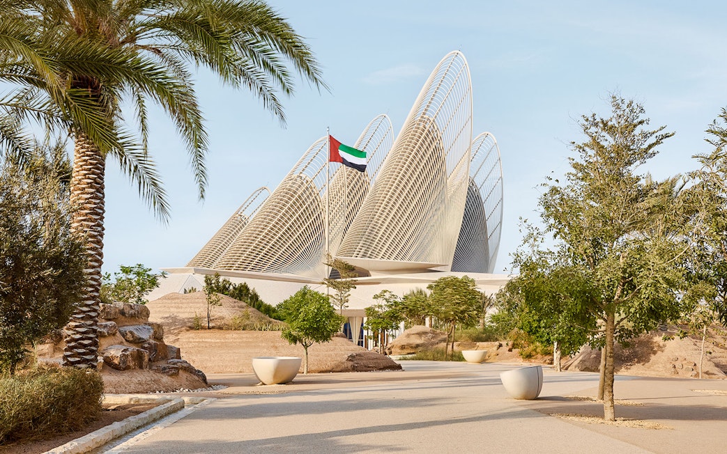 Exterior view of Zayed National Museum with unique architectural design in Abu Dhabi.