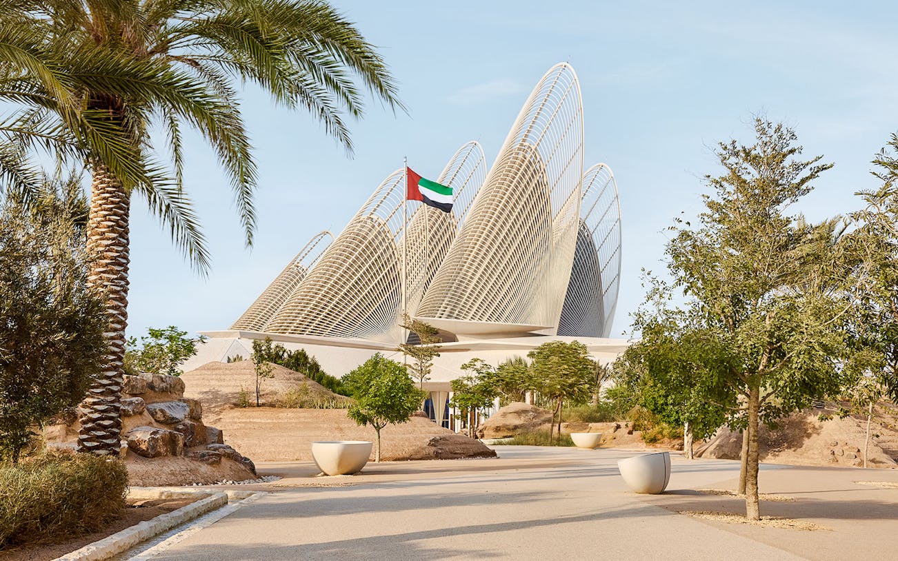 Exterior view of Zayed National Museum with unique architectural design in Abu Dhabi.