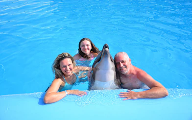 Family posing with dolphin at Egypt Dolphin World, Hurghada.