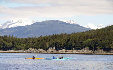 Kayakers paddling near forested coastline with snowy mountains in Juneau.