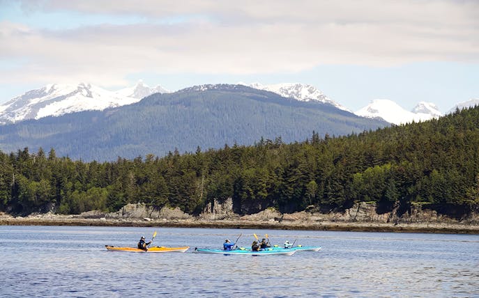 Kayakers paddling near forested coastline with snowy mountains in Juneau.