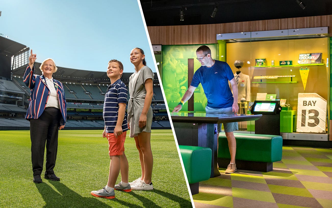 Tour guide with visitors at Melbourne Cricket Ground and man exploring Australian Sports Museum exhibit.