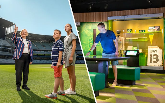 Tour guide with visitors at Melbourne Cricket Ground and man exploring Australian Sports Museum exhibit.