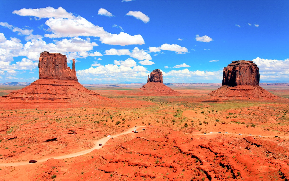 Aerial view of Monument Valley's iconic buttes in Arizona.