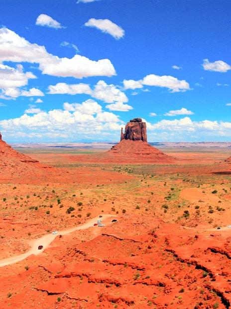 Aerial view of Monument Valley's iconic buttes in Arizona.