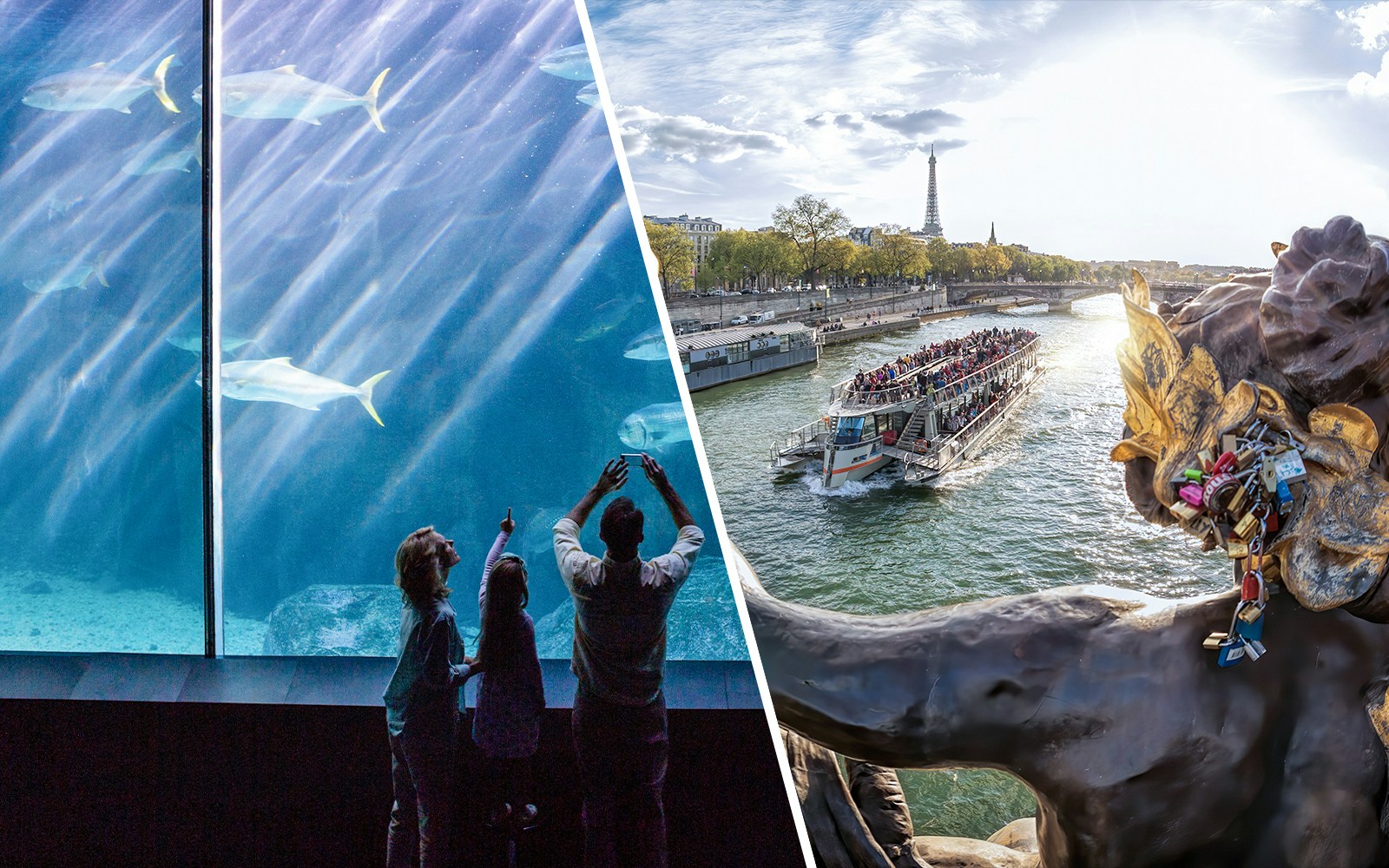 Tourists enjoying a Seine River sightseeing cruise in Paris, with a view of the Aquarium de Paris in the background, available in a combo deal saving 10%